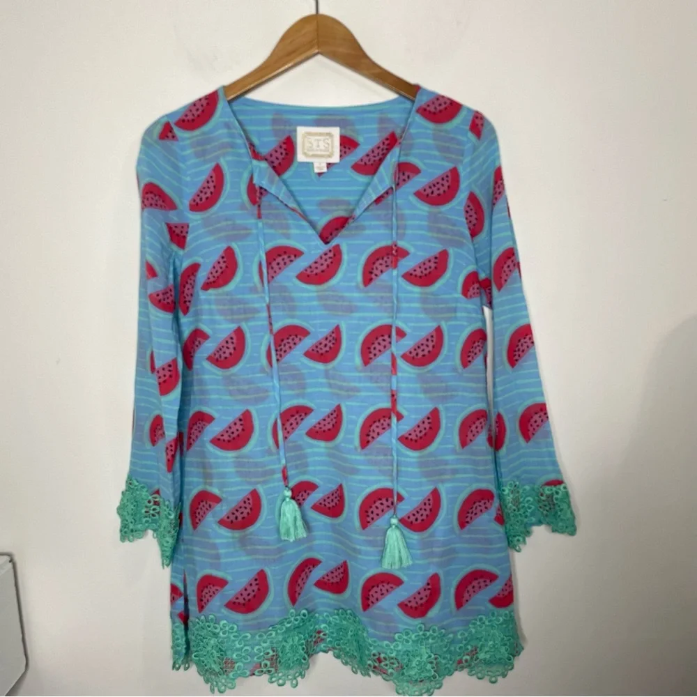STS Sail To Sable Tunic Dress SZ S Watermelon Print Green Tassel Cotton - Picture 10 of 16